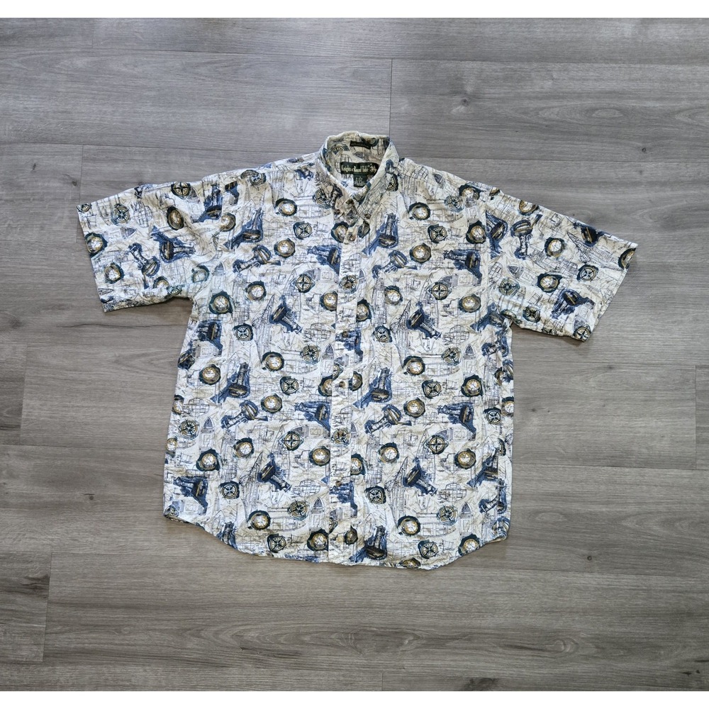 Vintage 90s Men's Large Nautical All Over Print Short Sleeve Button Down Retro